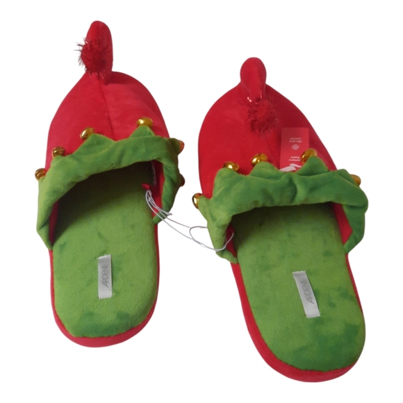 New Elf Christmas Red House Slippers Plush w/Jingle Bells Holidays Size 7/8 - Picture 3 of 7
